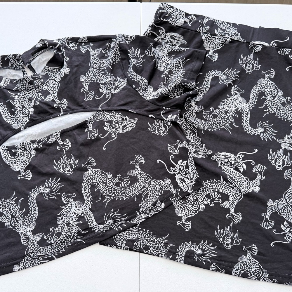 Shein Curve Dragon Print Set 1XL Black White Y2K NEW